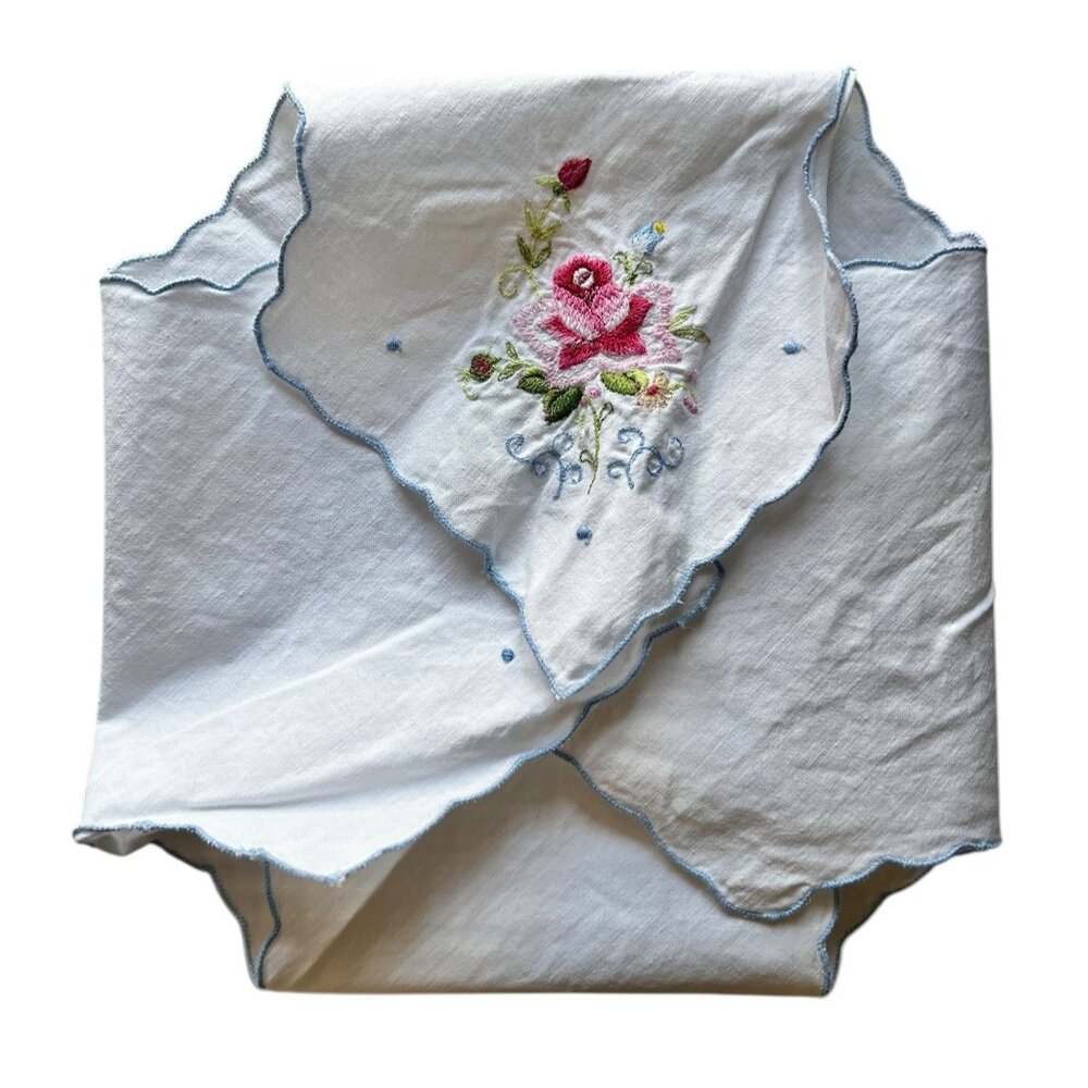 Vintage White Bun Warmer Embroidered Floral Design & Blue Scalloped Edges